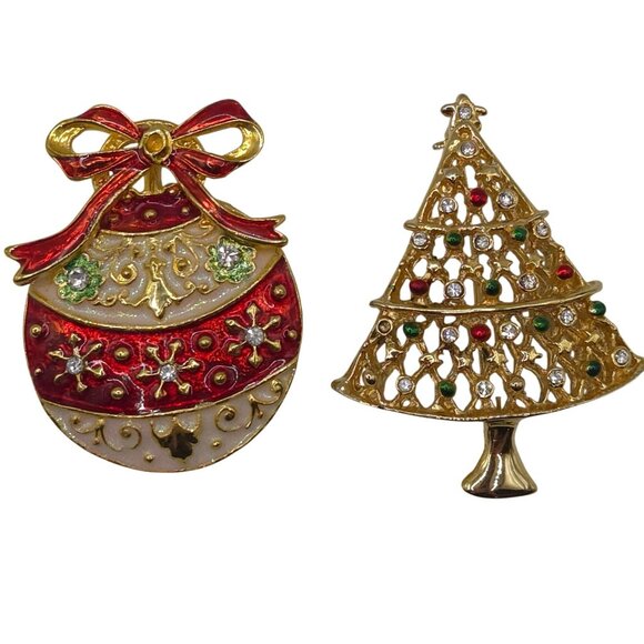 Christmas Brooch 2PC Set Gold Tone Red Enamel Holiday Festive Tree Ornament Snow - Picture 4 of 11